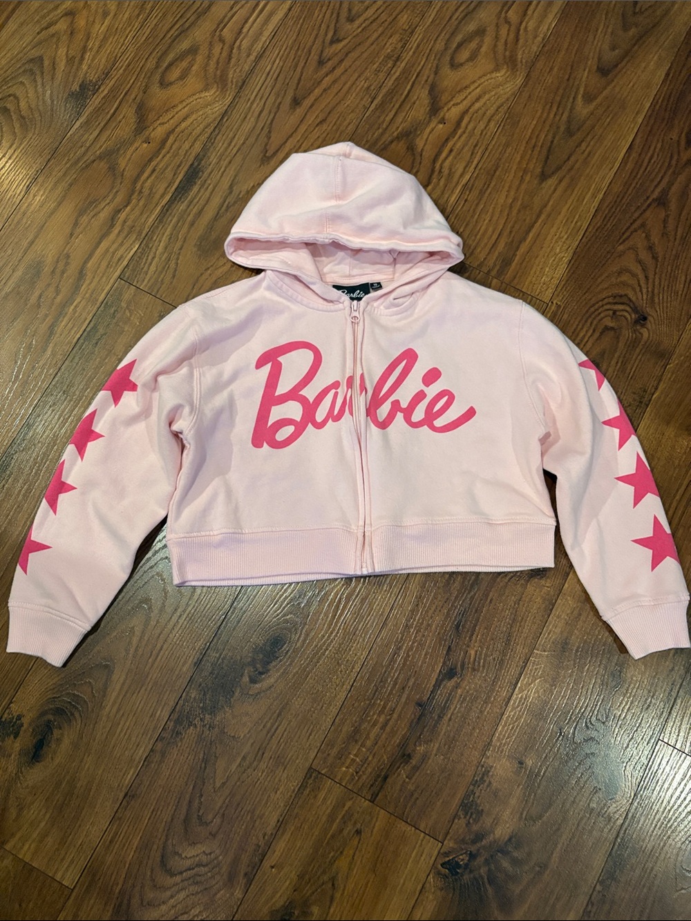 Girls Barbie Light Pink Cropped Hoodie with Hot Pink Logo & Star Sleeves
